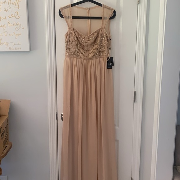 Adrianna Papell Rose champagne Beaded‎ Bodice Dress sz 4 wedding chiffon prom - Picture 1 of 16